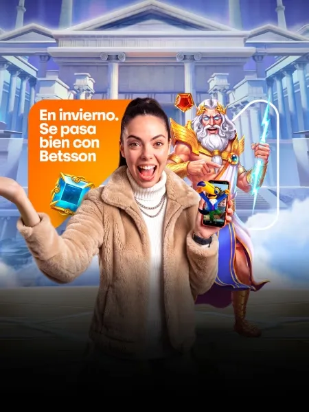 Pieza invernal de Betsson: una mujer abrigada rodeada de personajes de tragamonedas y del tucán de la marca, con la frase «En invierno. Se pasa bien con Betsson».