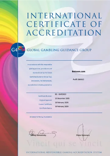 Certificado internacional de acreditación de juego responsable del grupo G4 a nombre de Betsson.com, con firmas y fechas de vigencia.