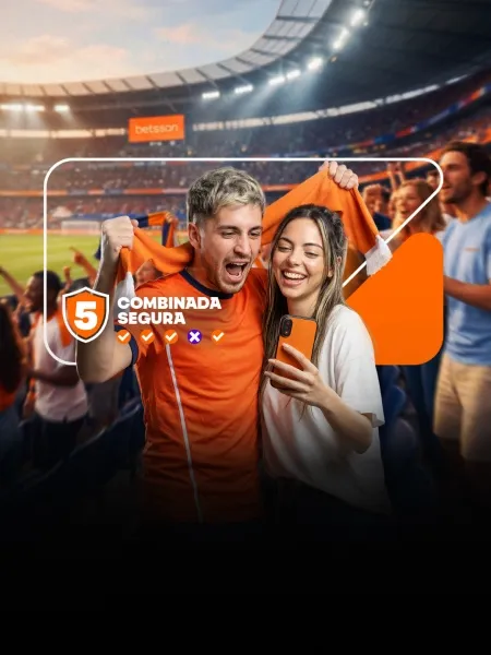Pieza vertical de Betsson con una pareja celebrando en un estadio y un escudo con el número cinco bajo el texto «Combinada Segura».