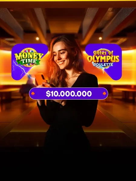 Pieza vertical del sitio de Betsson con una mujer mirando su teléfono entre los logos de los juegos en vivo Money Time y Gates of Olympus Roulette, y una franja morada con un monto de premio en dólares.