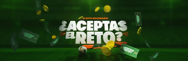 Banner verde de la campaña El Reto Millonario de Betsson con un balón y monedas sobre un estadio.