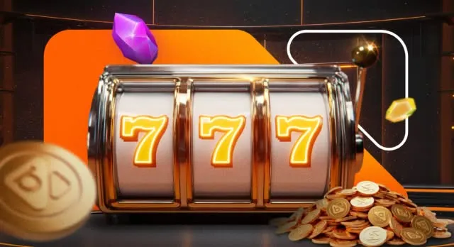 Gráfica de Betsson con un rodillo de tragamonedas marcando tres sietes, fichas de casino y monedas sobre fondo naranjo y negro.