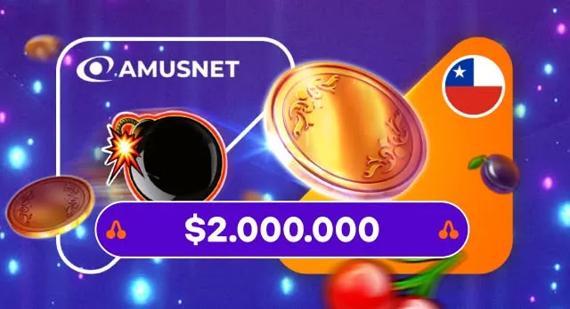 Banner de torneo con el logo del proveedor Amusnet, monedas doradas, frutas de tragamonedas clásica y una bandera de Chile en un círculo.