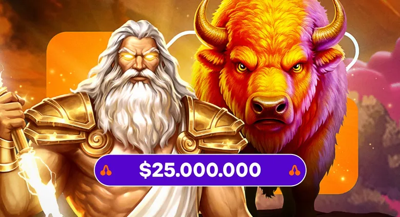 Banner de torneo de tragamonedas de Betsson con un Zeus de ojos brillantes y un búfalo dorado, y una franja morada con un pozo de veinticinco millones de dólares.