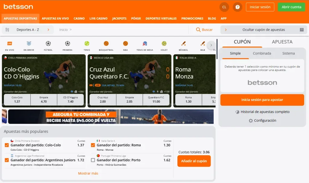 Vista de escritorio del portal deportivo con tres partidos destacados a la izquierda y el cupón de apuestas abierto a la derecha, pidiendo iniciar sesión para apostar.