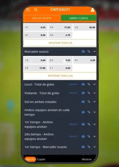 Fotografía de un teléfono con la lista de mercados de un partido: marcador exacto, total de goles y ambos equipos anotan, cada uno desplegable.
