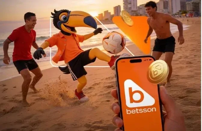 Montaje de playa con dos jugadores y el tucán de Betsson disputando un balón, mientras una mano en primer plano sostiene un teléfono con el logotipo de la marca.