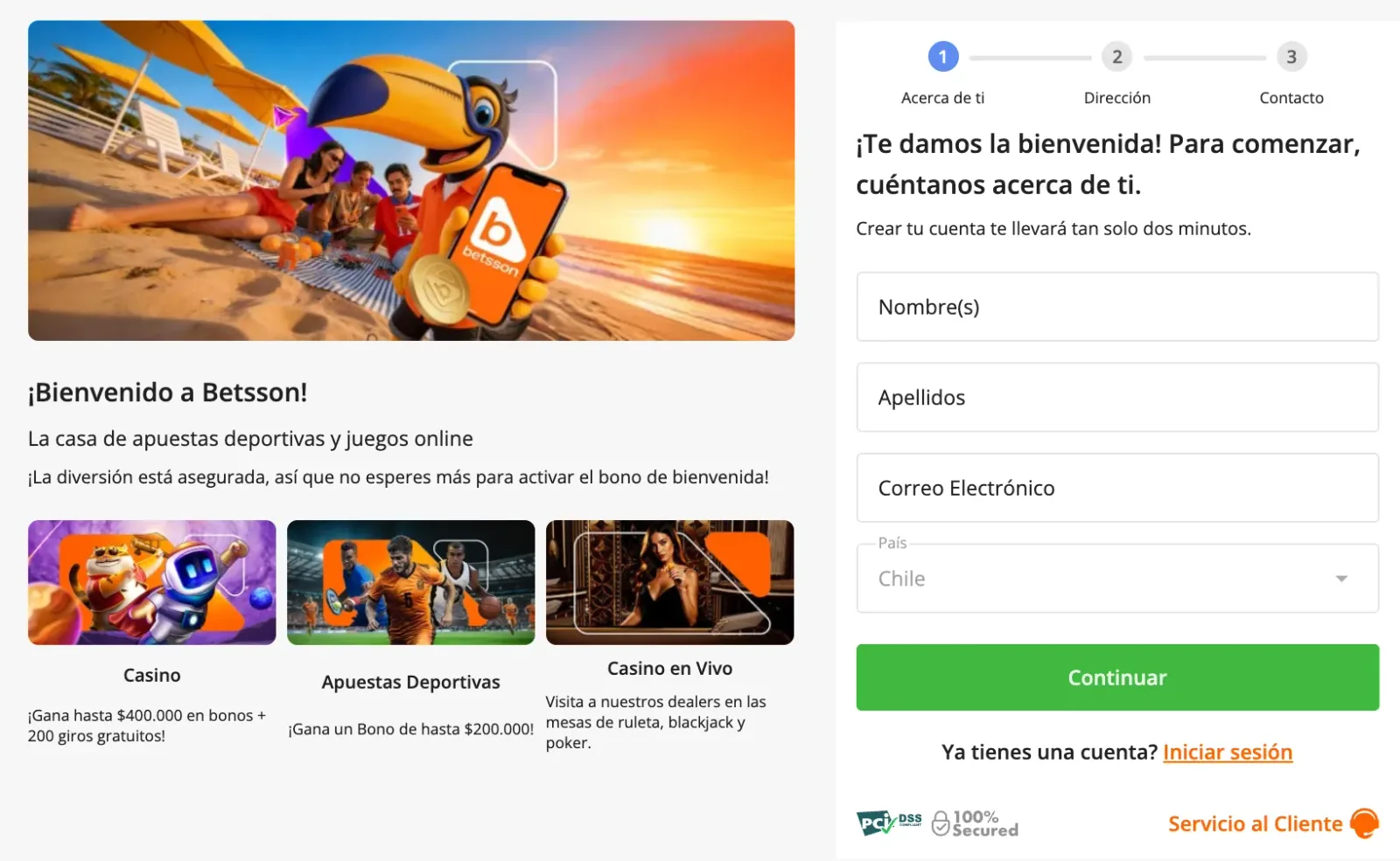 Pantalla de bienvenida de Betsson con una ilustración de playa a la izquierda y, a la derecha, los tres pasos del alta con los campos de nombre, apellidos, correo y país.