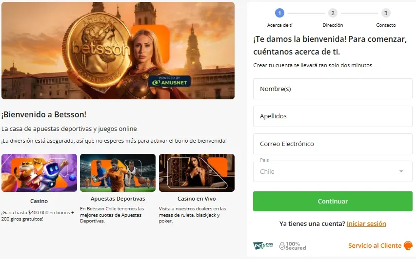 La misma pantalla de alta de Betsson, esta vez con una moneda dorada gigante en la ilustración lateral y el paso uno marcado en el indicador de progreso.