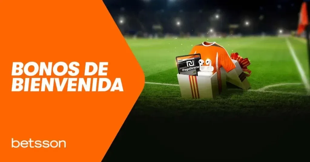 Banner naranja con el rótulo «Bonos de bienvenida» y un paquete de regalo abierto sobre un campo de fútbol iluminado de noche.