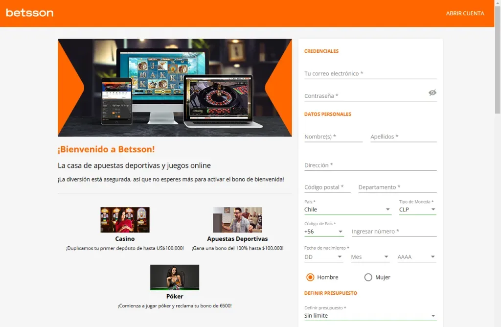 Captura del alta de Betsson publicada por Redgol, con la ilustración lateral y el primer paso del formulario abierto.